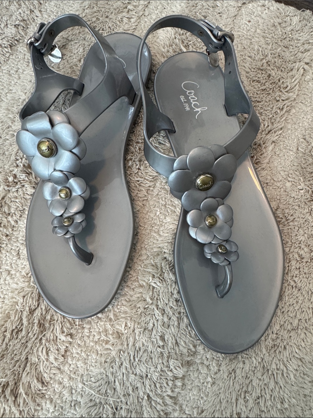 Coach Women's Silver Floral Jelly Sandals with Gold Accents size 10 - Picture 2 of 9